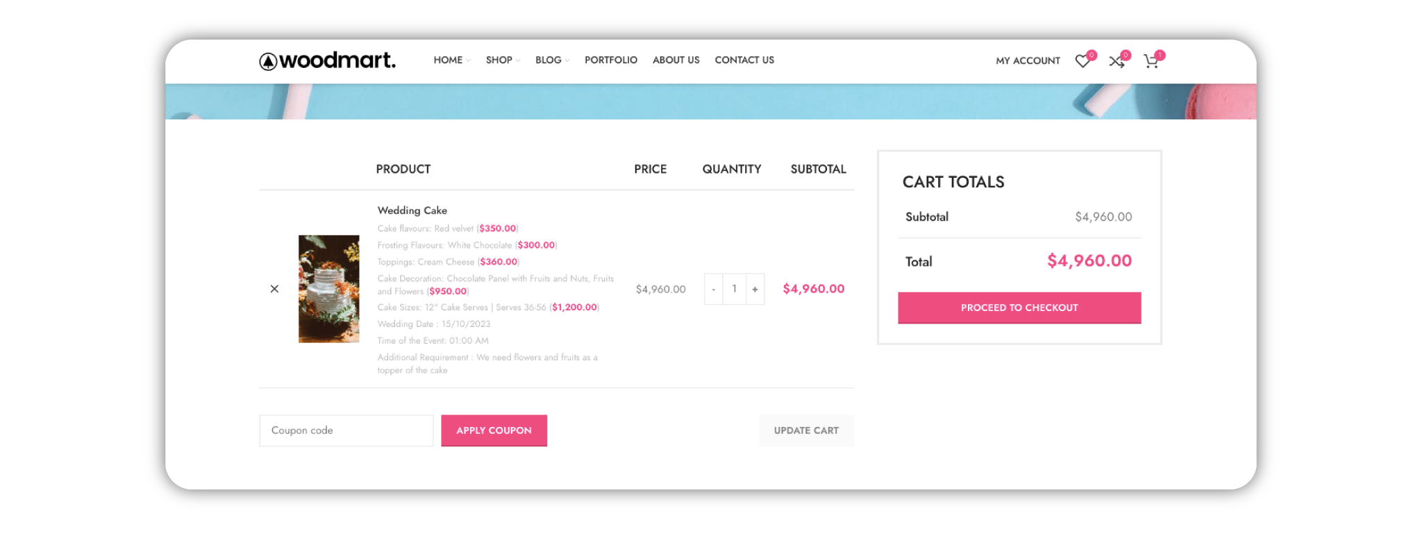 Add to cart of a bakery with woodmart theme and extra product option 